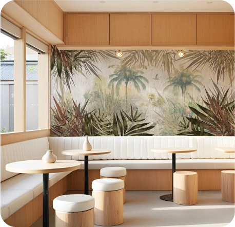 Cafe with tropical wallpaper
